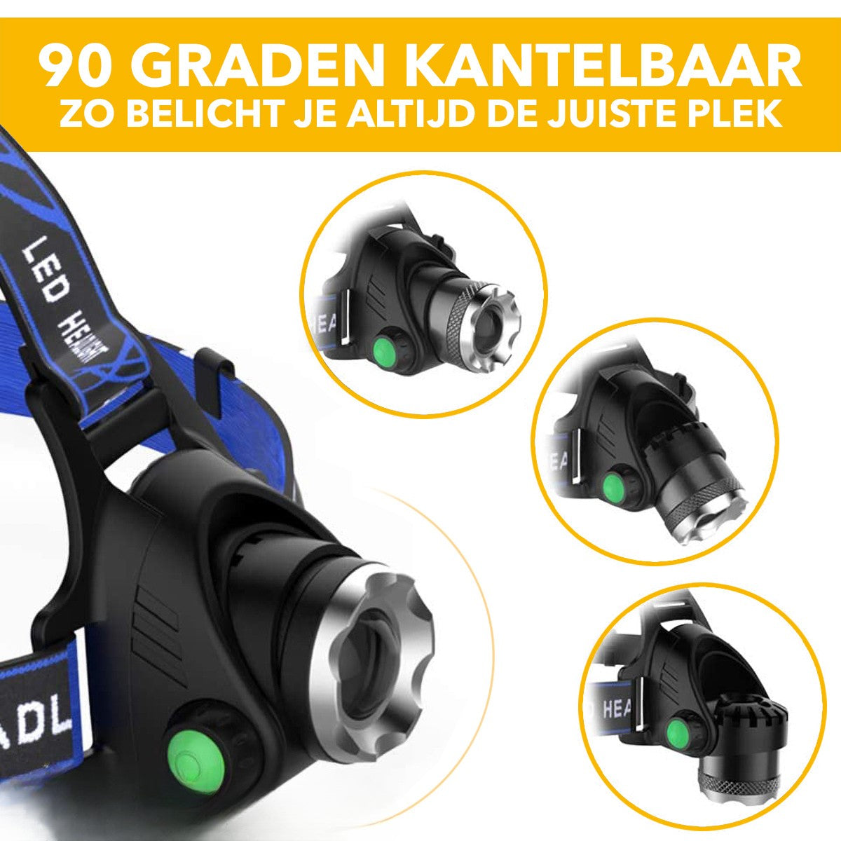 LED hoofdlamp 1000 Lumen oplaadbaar - waterproof – vislamp – werklamp – survival - usb oplaadbaar - sos functie - 3 lichtstanden - 90 graden verstelbare lamp