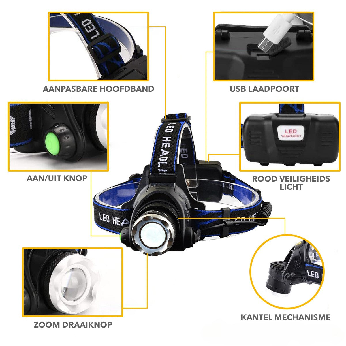 LED hoofdlamp 1000 Lumen oplaadbaar - waterproof – vislamp – werklamp – survival - usb oplaadbaar - sos functie - 3 lichtstanden - 90 graden verstelbare lamp