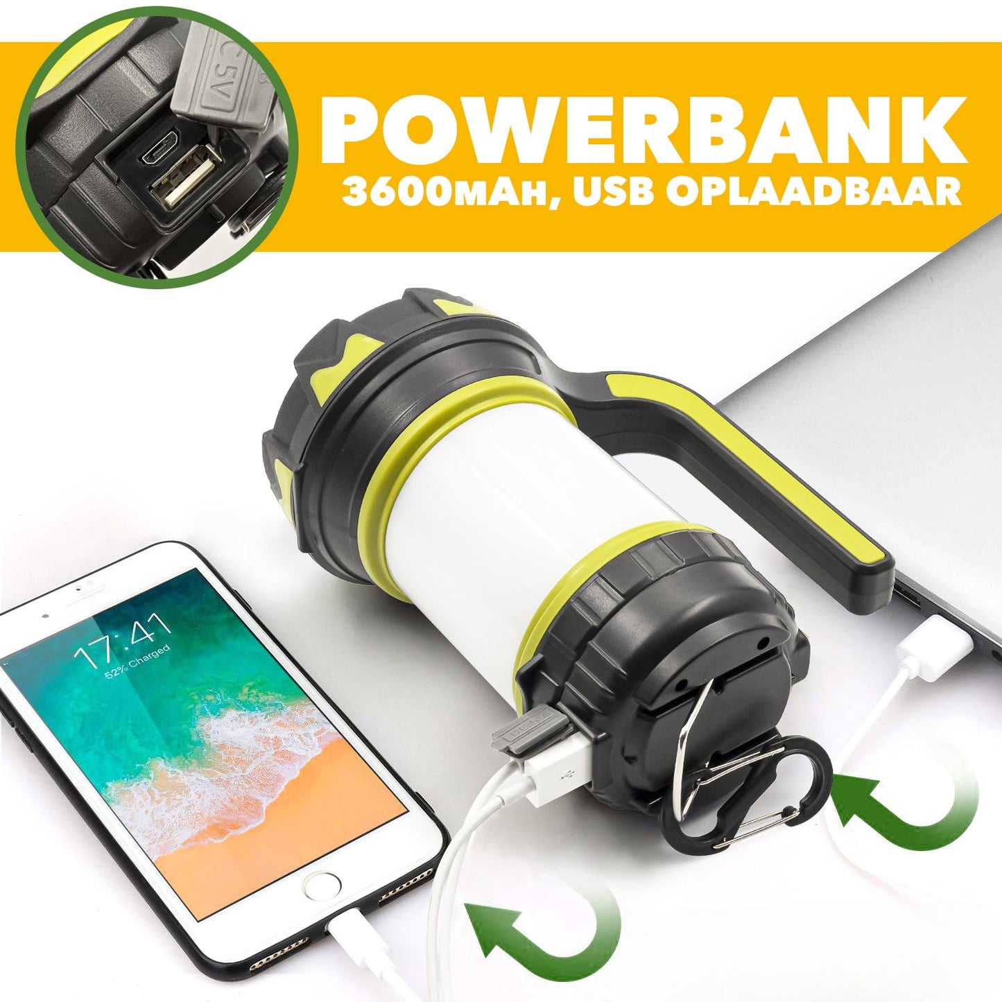 Oplaadbare Campinglamp 800 Lumen – 3-in-1 Zaklamp, Tentlamp & Powerbank
